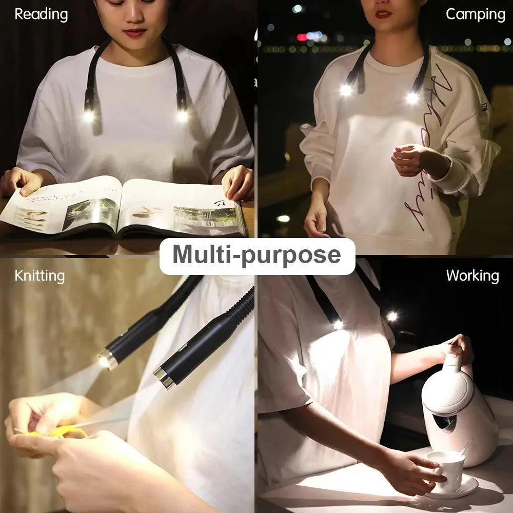 USB Rechargeable Neck Reading Light - Double Headed, Hands-Free LED for Night Reading & Camping - swaycart