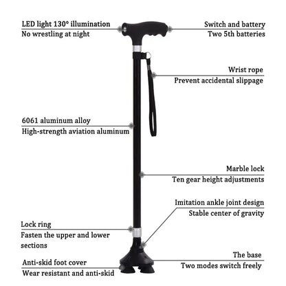 Retractable LED Walking Stick for Elderly – Lightweight Aluminium Alloy Cane with Anti-Slip Grip - swaycart